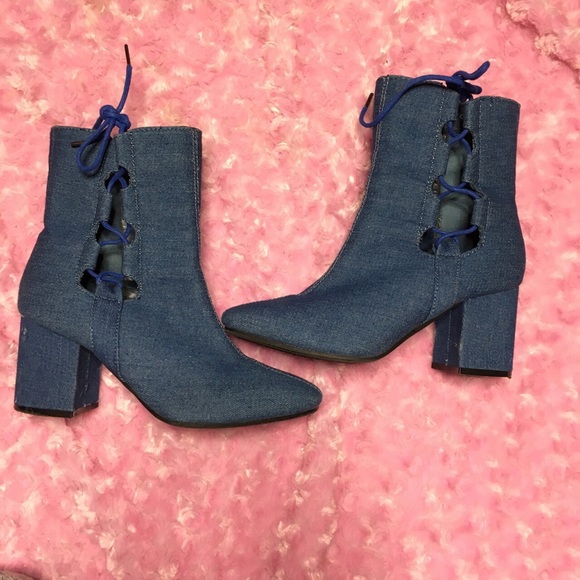 90s denim cut out chunky platform heel booties - Picture 1 of 5
